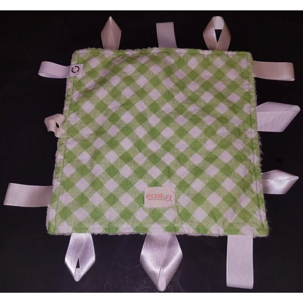 east & El Security Tags Blanket Lovey Green White Gingham Plaid Sherpa Lined
